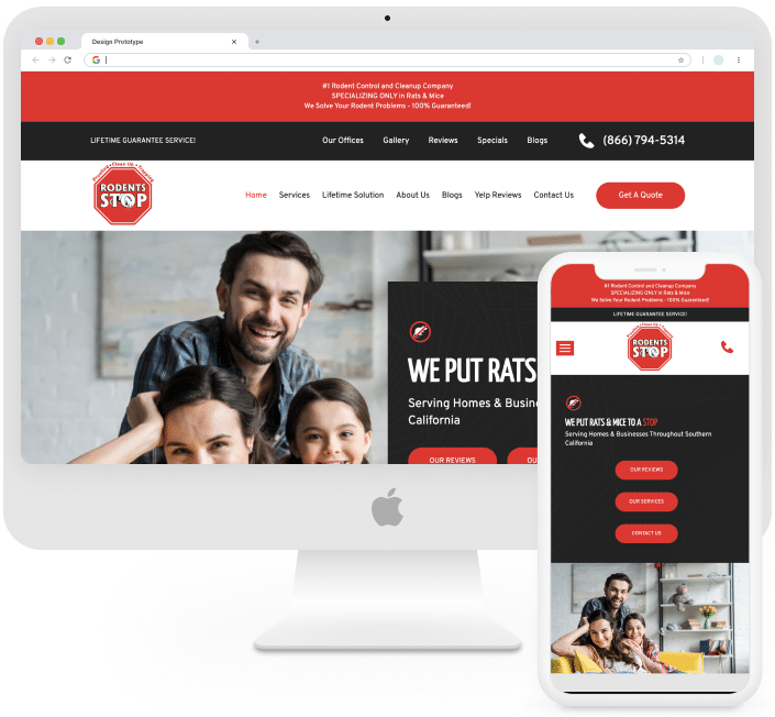 Rodents Stop SEO friendly website design prototype for mobile and desktop.